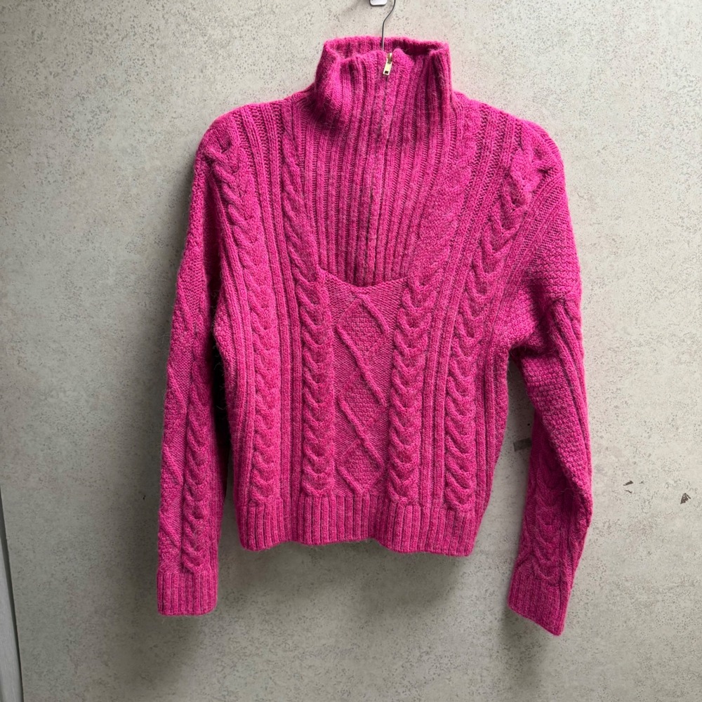 Anthropologie Sweater Medium Womens Pink Cable Knit Fuzzy Mock Neck Sweater